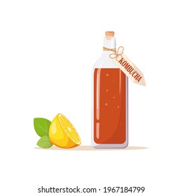Glass bottle of kombucha tea, label with an inscription, next to juicy lemon and green mint leaves. Mushroom, Fermented probiotic homemade tea. Vector illustration isolated on white background