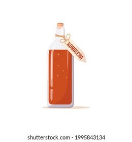 Frasco de vidrio de té kombucha, etiqueta con una inscripción. champiñón, té casero con probióticos fermentados. Ilustración del vector aislada en fondo blanco