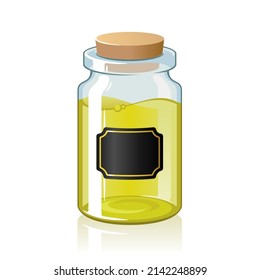 Glass Bottle With Label, Sticker. Vial Closed By Cap, Cork. Jar With Perfume, Cologne Water, Oil, Liquid. Vector Mockup, Template On White