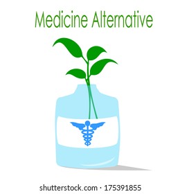 glass bottle labeled with the rod of Aesculapius and within a few green plants representing alternative medicine.