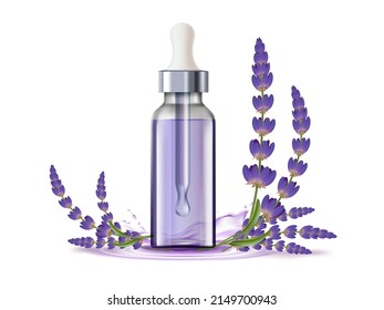 Botella de vidrio con aceite esencial lavanda. Aislado sobre fondo blanco. Ilustración del vector