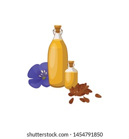 Glass bottle of linseed oil and blue flax flower. Organic product. Natural cooking ingredient. Bottle of Flax oil and seeds Flax. Vector illustration.