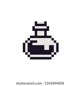 Glass bottle of liquid pixel art 1-bit icon. Design for stamp, logo, sticker, mobile app, website. 8-bit sprite. Perfume glass bottle isolated vector illustration. 