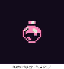 Glass bottle of liquid pixel art icon. Design for stamp, logo, sticker, mobile app, website. 8-bit sprite. Perfume glass bottle isolated vector illustration. 