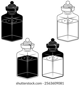 Glass bottle of liquid substances, magic potion containers with cork, Glass bottle with mineral water