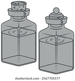 Glass bottle of liquid substances, magic potion containers with cork, Glass bottle with mineral water