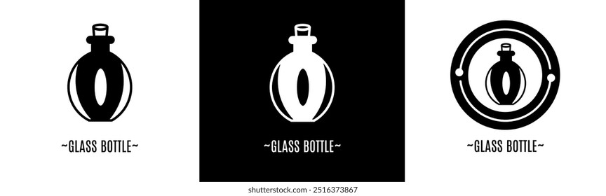 Glass bottle logo set. Collection of black and white logos. Stock vector.