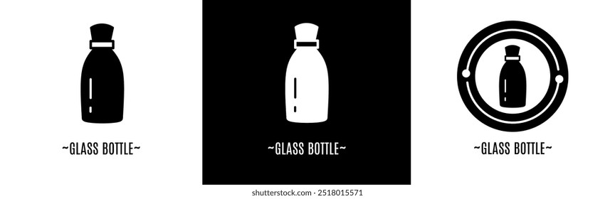 Glass bottle logo set. Collection of black and white logos. Stock vector.