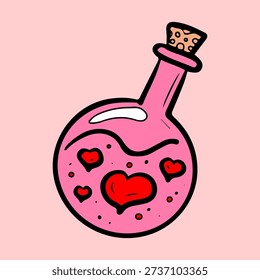 Glass bottle of love elixir. Hand drawn flat vector. Valentine Day. Wine potion. Romantic holiday. Postcard celebration. Wedding anniversary. Doodle illustration.
