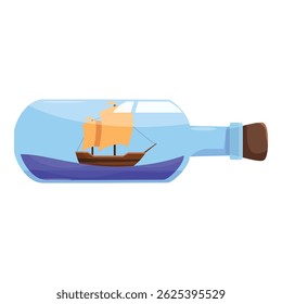 Glass bottle lying on its side with a cork in the top, containing a model of a three masted ship sailing on blue water