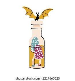 Glass bottle with magic elixir, poison mushroom, bat. Boho Halloween item vector flat illustration. Alchemy esoteric mystic element