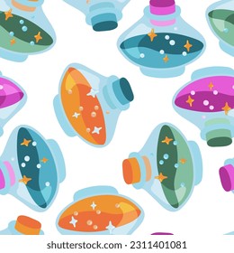 Glass bottle, magic Halloween potion vector seamless pattern. Nasty poison with bubbles texture. Cartoon background