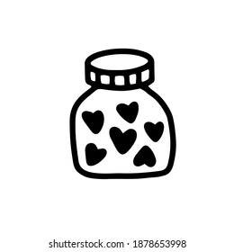 a glass bottle with a magic love potion. A magic potion. The elixir.vector illustration in doodle style. Design for Valentine's Day, Halloween