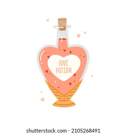 Botella de vidrio con poción de amor mágica. Ilustración plana del vector