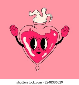 Glass bottle with magic love potion.  30s cartoon mascot character -. 40s, 50s, 60s old animation style.Vector flat illustration
