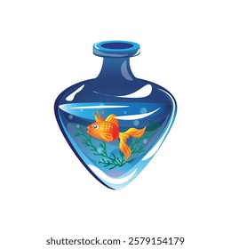 Glass bottle with magic potion and goldfish. Vector illustration for game interface in fantasy style