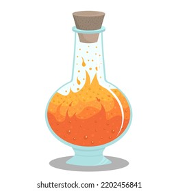 Glass bottle with a magic potion for Halloween. Fiery potion with bubbles. Orange liquid with bubbles. Isolated on a white background. Cartoon illustration.	