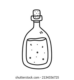 Glass bottle with magic potion isolated on white background. Vector hand-drawn illustration in doodle style. Perfect for cards, decorations, logo.