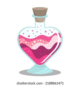 Glass bottle with a magic potion. Love potion. Purple and pink liquid with bubbles. Isolated on a white background. Cartoon illustration.