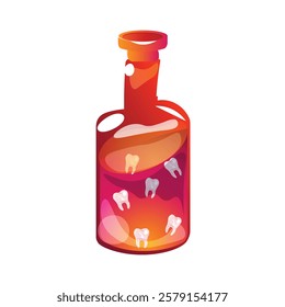 Glass bottle with magic potion and teeth. Vector illustration for game interface in fantasy style