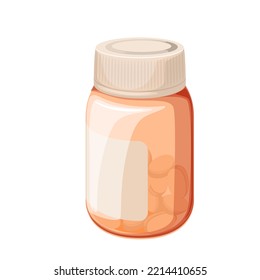 Glass bottle with medical pills vector illustration. Cartoon isolated brown container with plastic screw cap and blank label from pharmacy, pharmaceutical vial packaging with medicaments and drugs