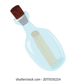 Glass bottle with message. Roll paper inside empty bottle. Trendy vector illustration isolated on white. Element of Maritime design, piracy, traveling, gaming. Good  for web and print