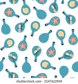 Glass bottle with message seamless vector pattern. Empty transparent container, jar with starfish, shell, rolled paper scroll. Sea adventure, flat cartoon doodle on white background, hand drawn