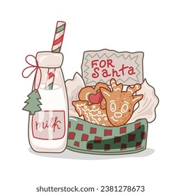 Glass bottle with milk and basket with cookies for Santa. Design element isolated on white background. Vector illustration.