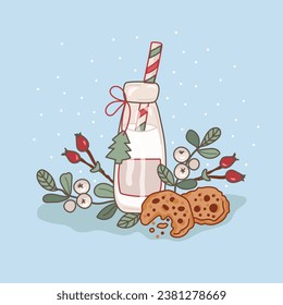 Glass bottle with milk and cookies for Santa. Vector illustration.