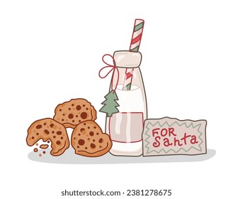 Glass bottle with milk and cookies for Santa. Design element isolated on white background. Vector illustration.