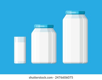 Botella de vidrio con leche aislada en blanco. Bebida láctea. Producto orgánico sano. Ilustración vectorial en estilo plano