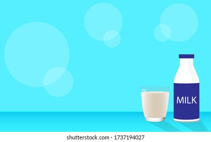 A glass and bottle of milk on soft blue background with free space. Vector illustration.