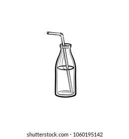 Glass bottle of milkshake with straw hand drawn outline doodle icon. Take away milkshake vector sketch illustration for print, web, mobile and infographics isolated on white background.