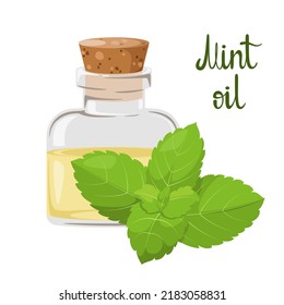 Glass bottle with mint oil on a white background.
