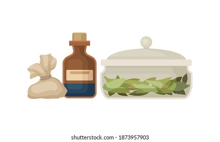 Glass Bottle With Mixture And Bay Leaves As Ancient Medicine Vector Set