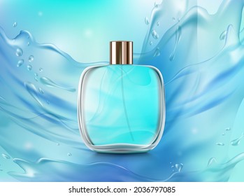 Glass bottle mockup with perfume or cologne. Packaging template on the background of splashes of water. Vector illustration