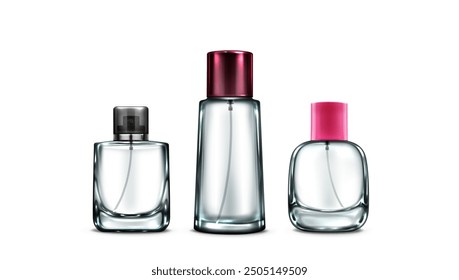 Glass bottle mockup with spray cap for fragrance and perfume branding. Realistic 3d vector illustration set of transparent cosmetic product container. Package flask template for perfumery products.