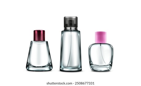 Glass bottle mockup with spray cap for fragrance and perfume branding. Realistic 3d vector illustration set of transparent cosmetic product container. Package flask template for perfumery products.