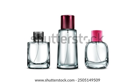Glass bottle mockup with spray cap for fragrance and perfume branding. Realistic 3d vector illustration set of transparent cosmetic product container. Package flask template for perfumery products.