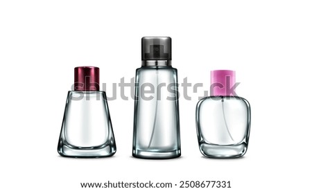 Glass bottle mockup with spray cap for fragrance and perfume branding. Realistic 3d vector illustration set of transparent cosmetic product container. Package flask template for perfumery products.