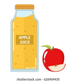 Glass bottle with natural freshly squeezed apple juice with pulp. In flat style a vector.Apple fresh fruit food.Design element for booklets of websites. For vegeterianets and vegans.Healthy lifestyle
