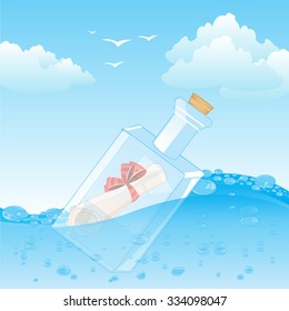 The Glass bottle with note sails on water.Vector illustration