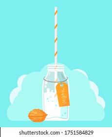 Glass bottle with nut milk and striped straw at light turquoise, cloud background. Cocktail with bubbles. Milk product from walnut, vegan milk. Illustration in cartoon style. Bottle with label vegan