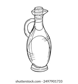 Glasflasche für Öl, Getränke, Essig, monochrome Vektorgrafik einzeln auf weißem Hintergrund. Flasche für Rapsöl, Oliven, handgezeichnete Skizze