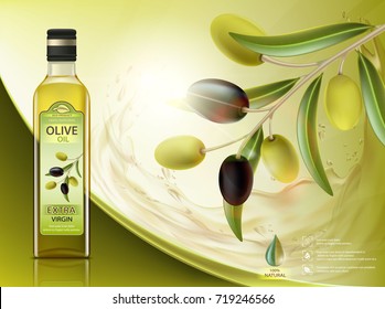 Glass bottle with oil and olives with leaves on a branch. Package label design. Healthy vegetarian product. Stock vector illustration