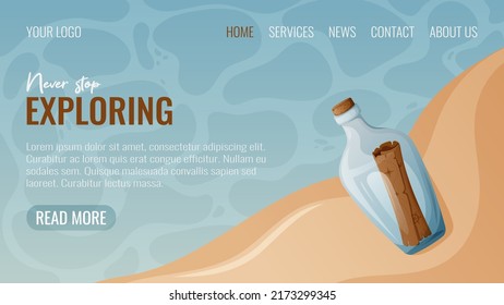 A glass bottle with an old pirate map on the sand next to the water. Vector illustration, text never stop exploring. The concept of adventure, travel, summer vacation, journey. Web template