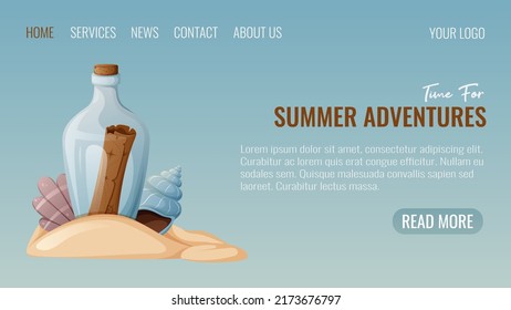 Glass bottle with an old treasure map, scallop, cone shaped shell in the sand. Vector illustration, text time for summer adventures. The concept of travel, vacation, journey. Web template