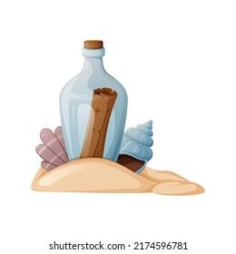 Glass bottle with an old treasure map, scallop, cone shaped shell in the sand. Vector illustration, isolated background, cartoon style. Nautical theme. Summer, beach, adventure concept.