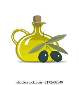 Glass bottle of olive oil. Branch of olive. Italian cuisine. Useful food ingredient for a recipe. Healthy diet food. Italy plant. Vector cartoon illustration isolated on white background