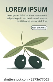 Glass bottle of olive oil. Branch of olive. Italian cuisine. Useful food ingredient for a recipe. Healthy diet food. Italy plant. Vector cartoon illustration. Design for website, banner